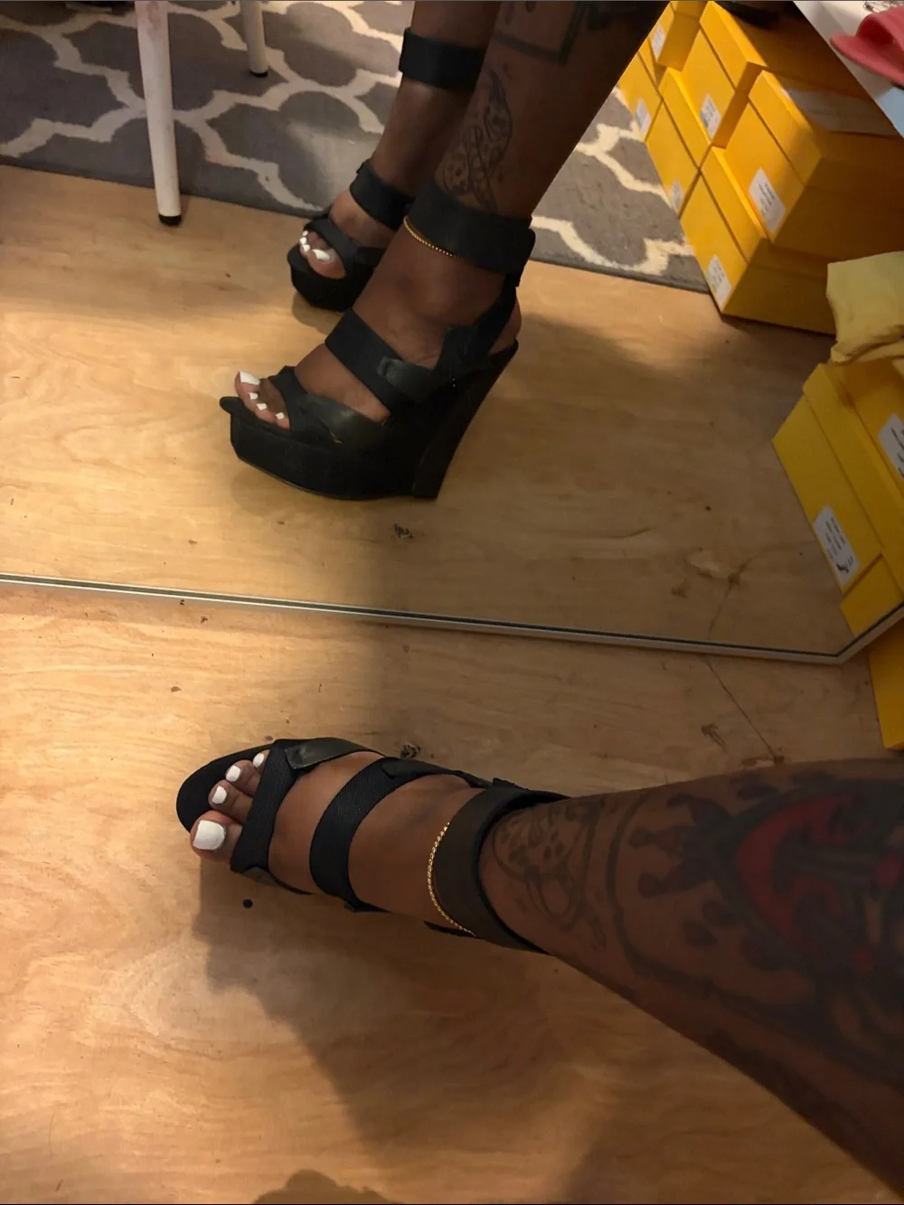 L.A.M.B. Black Leather Ankle-Strap Platform Wedges
